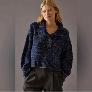 Anthropologie Pilcro Mega Henley Sweater Button Up Blue Heathered Knit, SZ 3XL